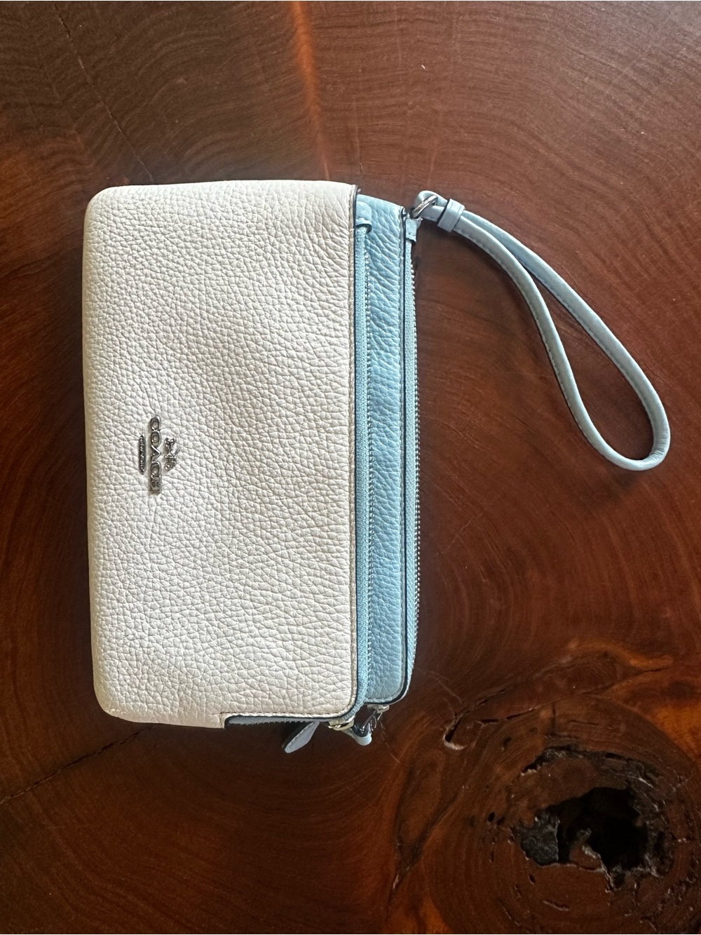 Coach Pebbled Leather Wristlet in Ivory and Light Blue